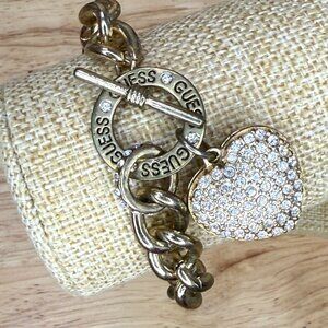 Guess Gold-Tone Chain-Link Toggle Bracelet With Pave Crystal Heart Charm